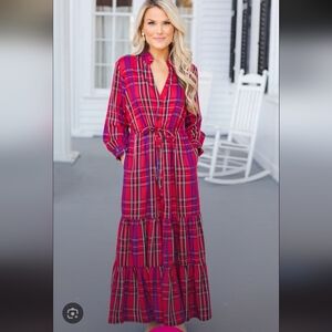 Chaps Red and Blue Plaid Maxi Dress